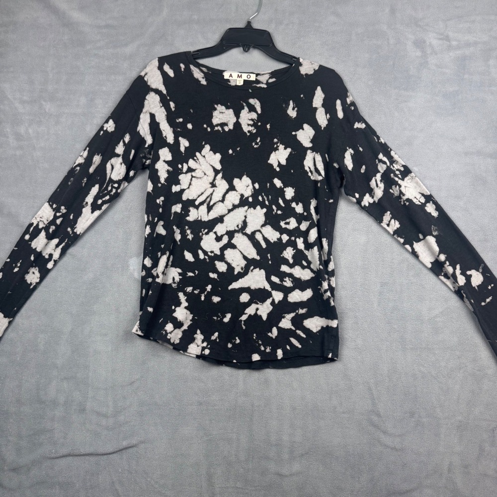 AMO Womens Tie Dye Long Sleeve Tee Black White‎ Cotton Tencel XS Made in USA